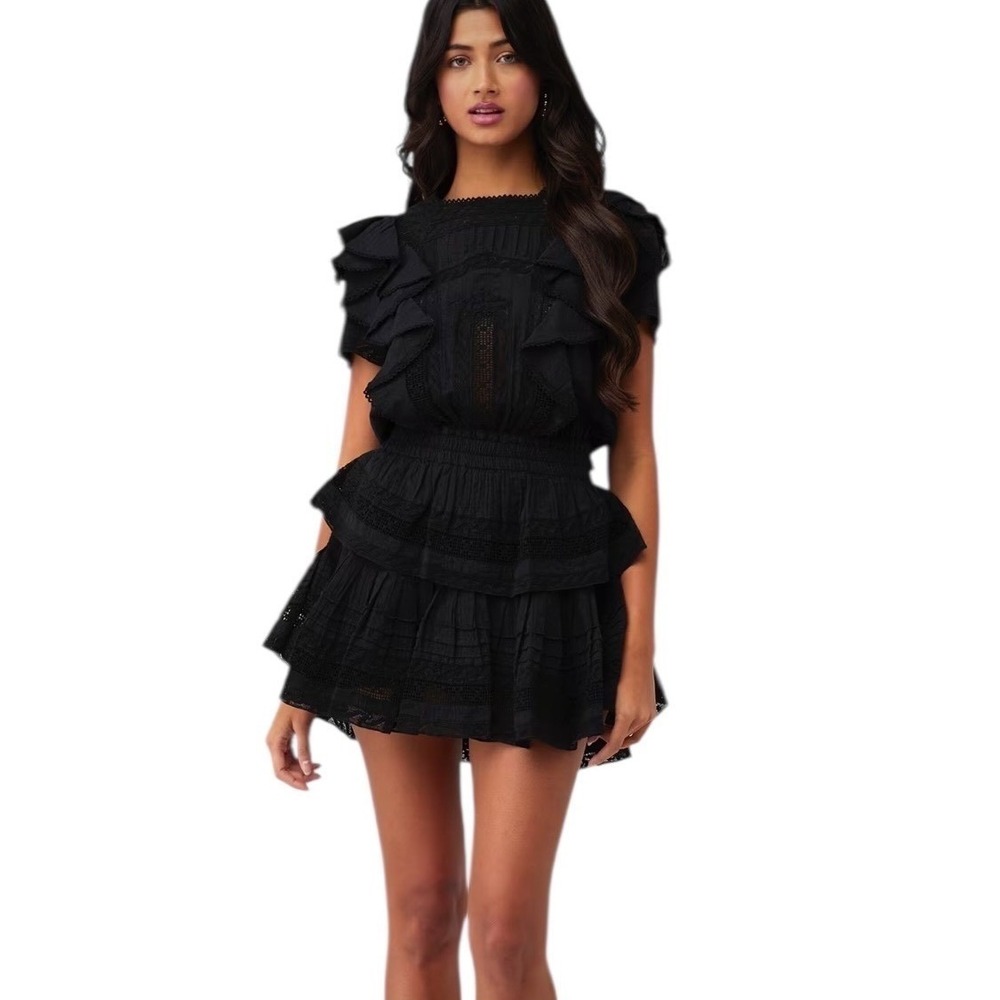 LoveShackFancy Stella Black Lace Ruffle Mini Dress Size XL NWT